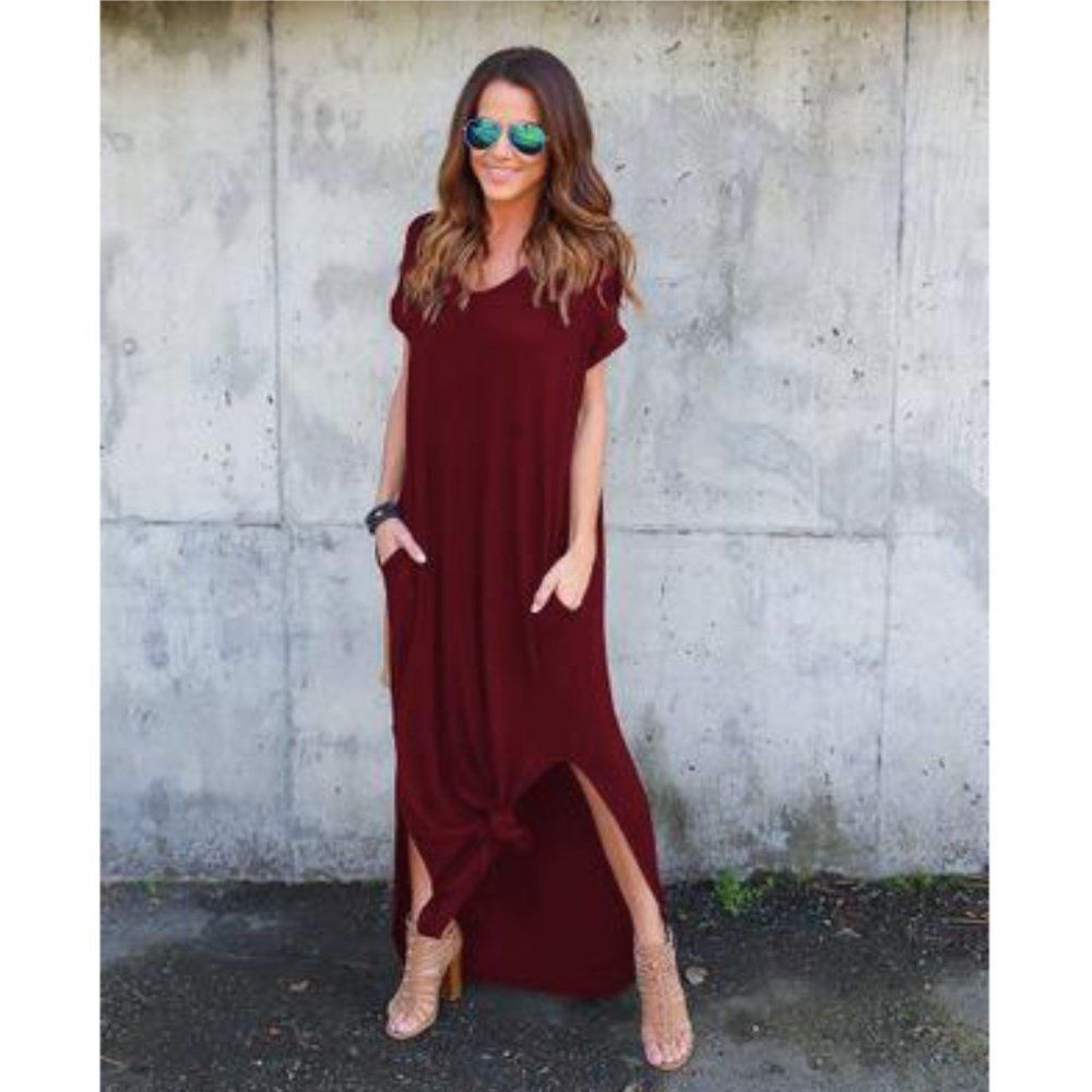 Women's Red Maxi Dress with Side Slits